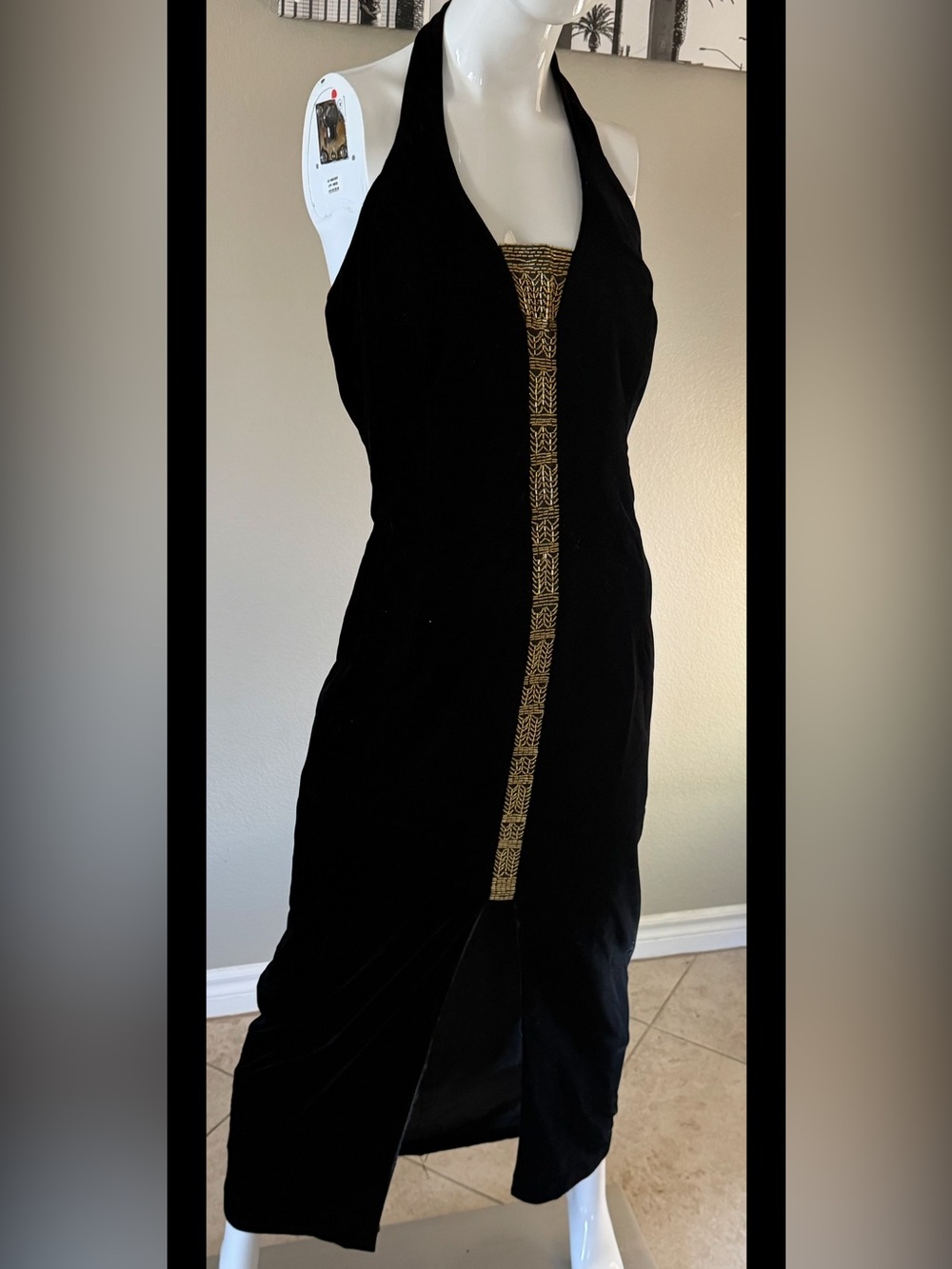 Vintage Black Velvet Halter Midi Dress with Gold Embellished Beads 12